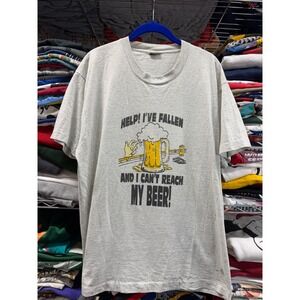 Vintage 90s Help I've Fallen Can't Reach My Beer Humor T-Shirt Gray XL Single St